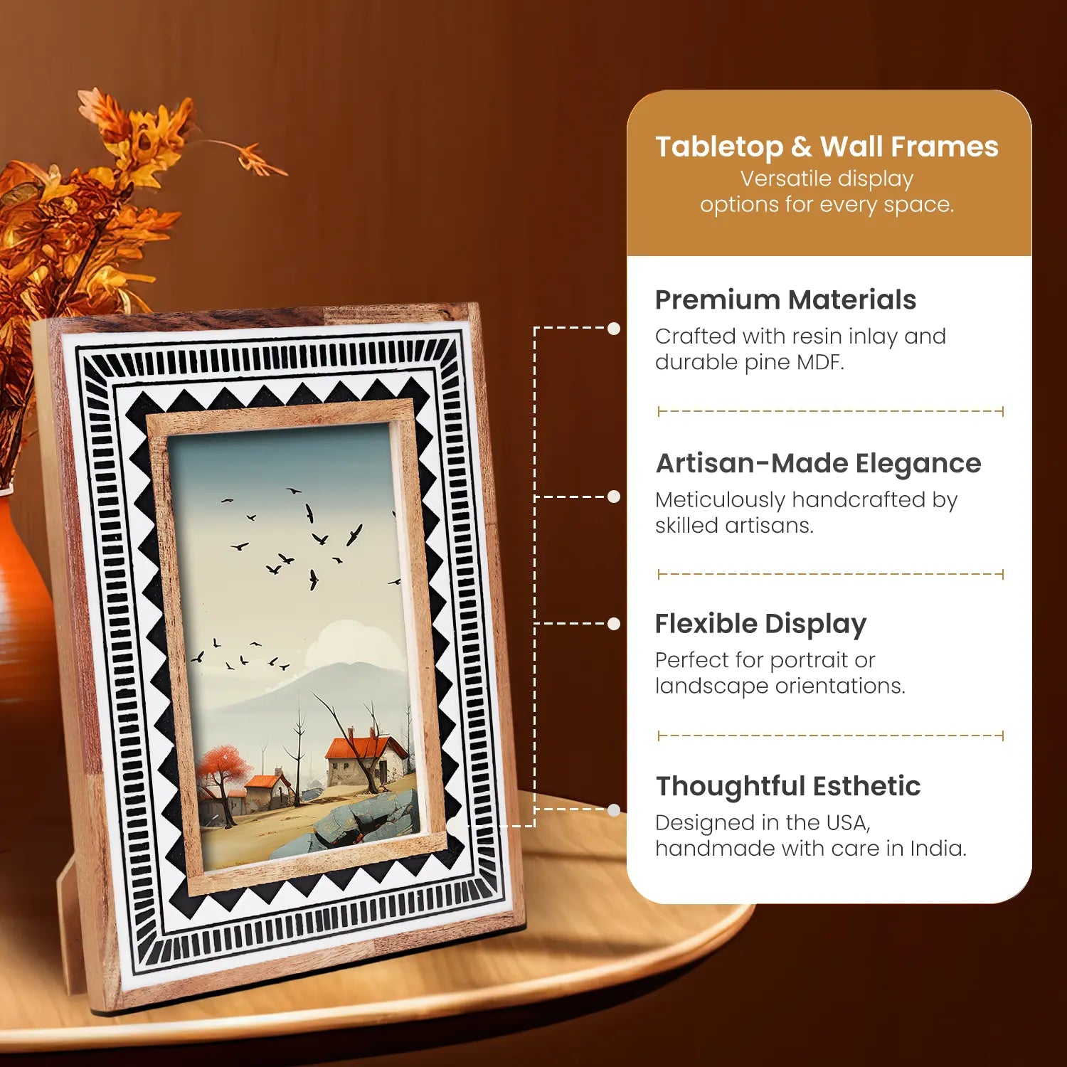 Wood &amp; Resin Inlay Handmade Black &amp; White Geometric Picture Frame