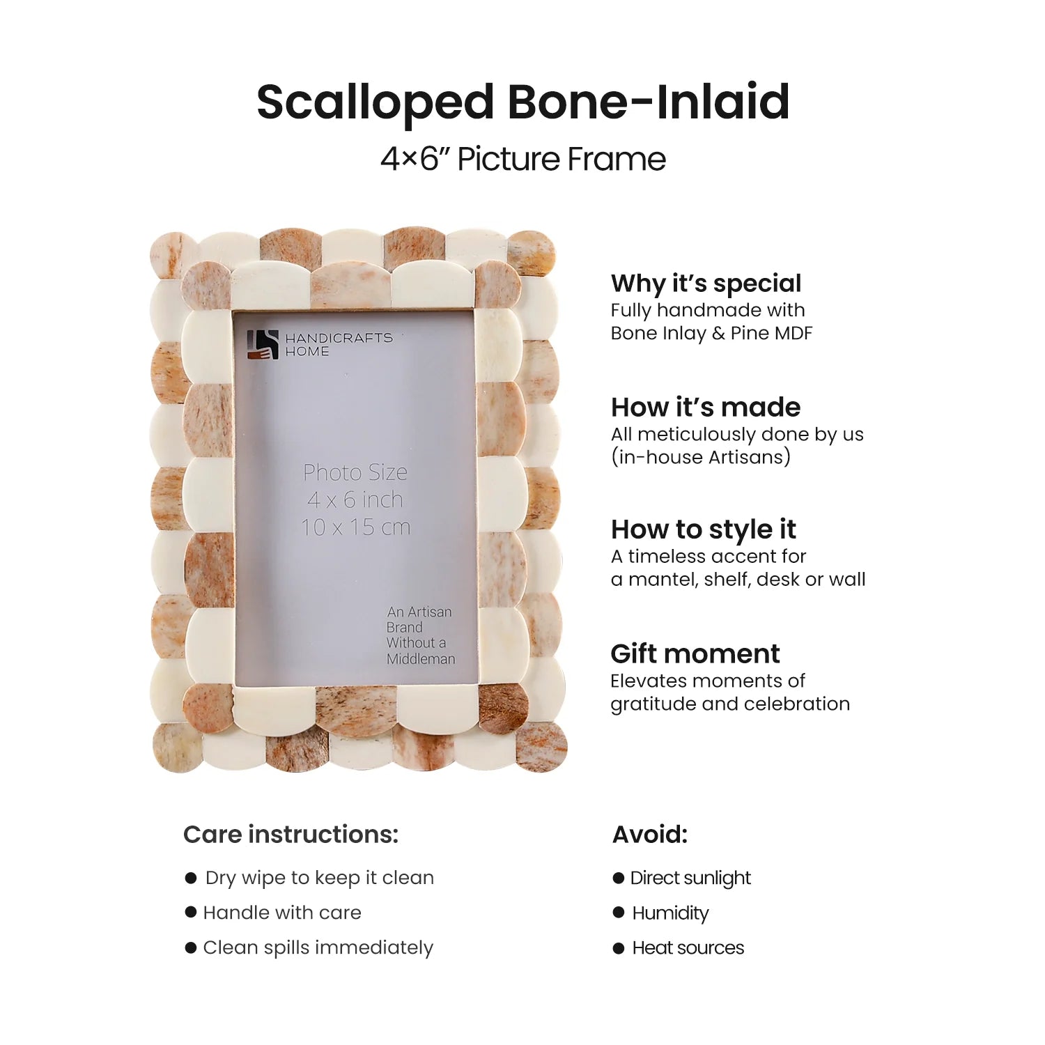 Scalloped Bone Inlay Handmade Picture Frame