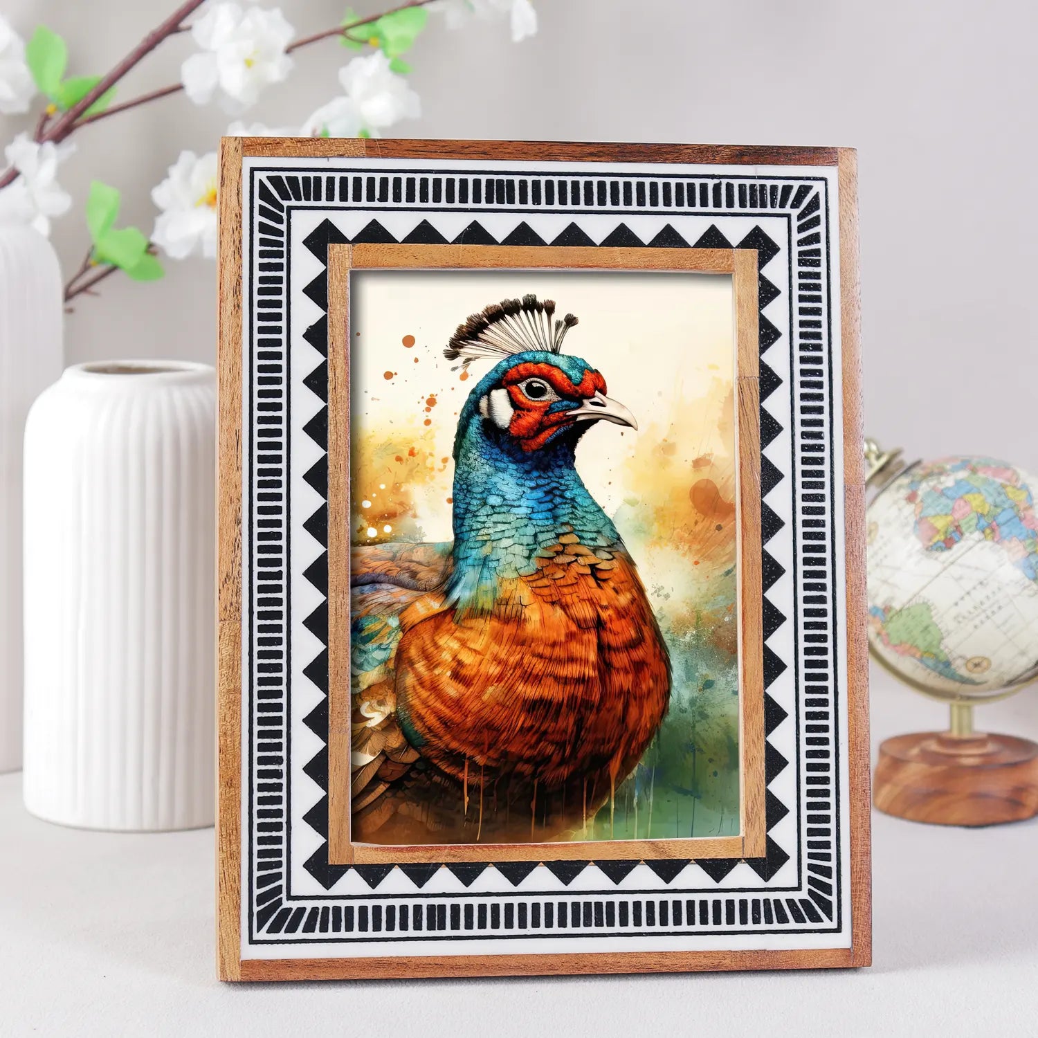 Wood &amp; Resin Inlay Handmade Black &amp; White Geometric Picture Frame