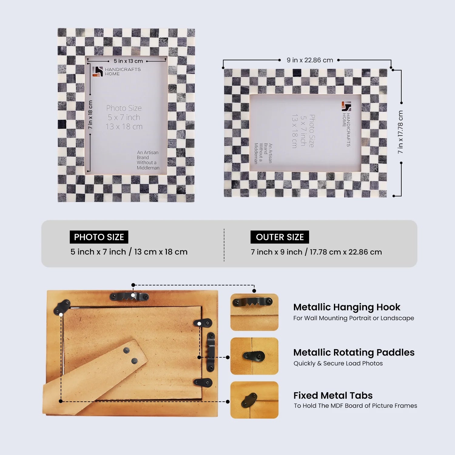 Handcrafted Checkered Pattern Bone Inlay Picture Frame in Gray
