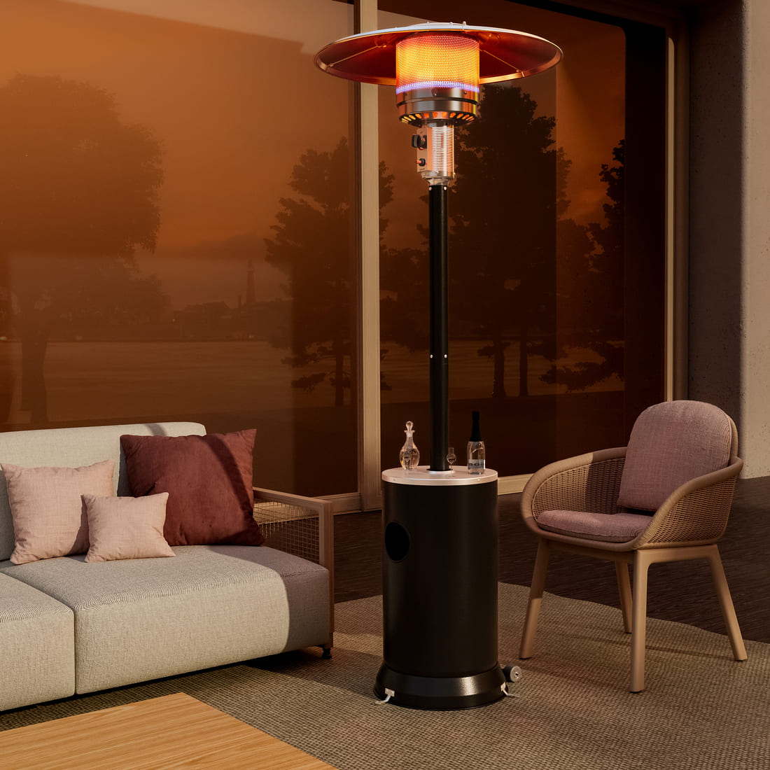 Propane Patio Heater with Table Design &amp; Wheels - 3 Colors