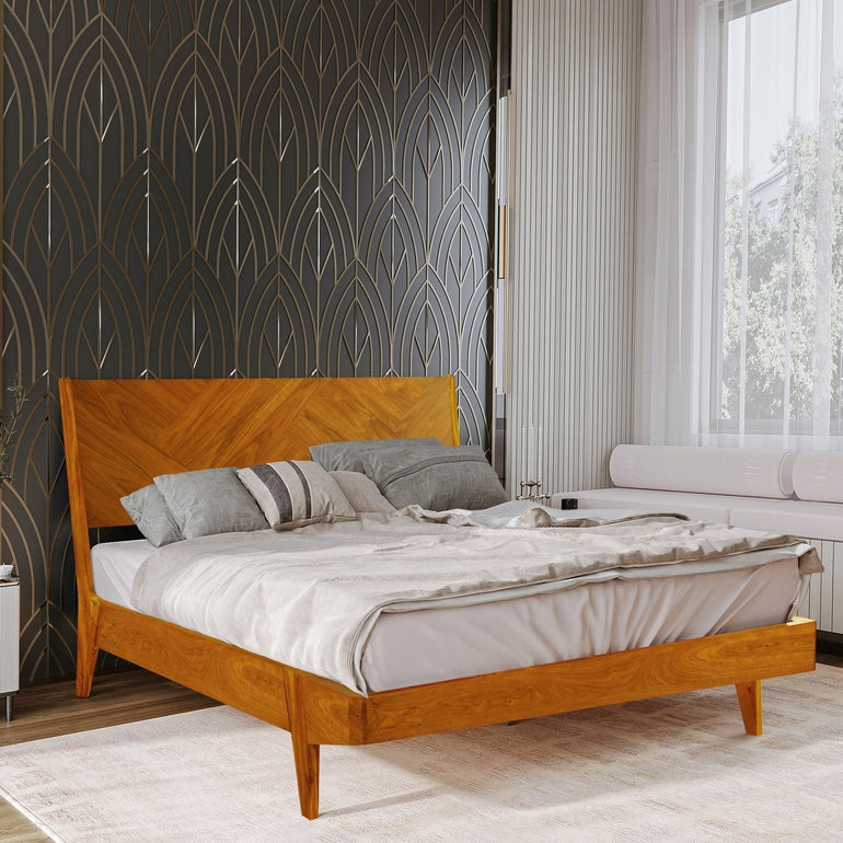 Gazelle Acacia Platform Bed Frame With Headboard - Caramel, Walnut