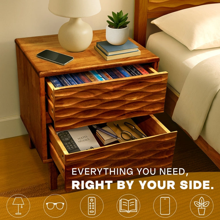 Elara Acacia Nightstand with 2 Drawers - Walnut, Caramel, Oak