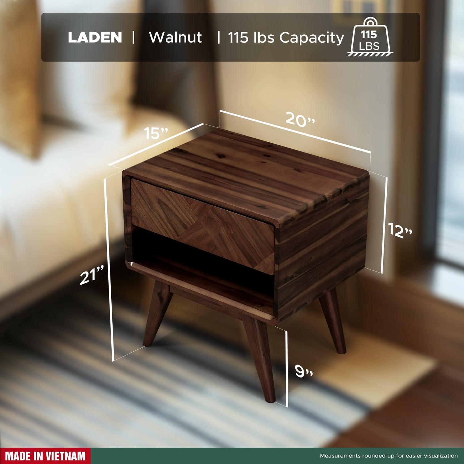Laden Acacia Nightstand with Drawer - Caramel or Walnut