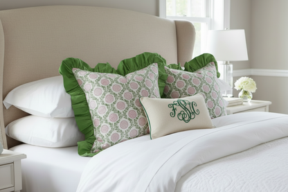Pink Flowers and Vines - Ruffle Pillow Cover