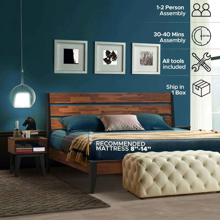 Emery Bed Frame &amp; Nightstand Set - Acacia Solid Wood in Walnut, or Americano