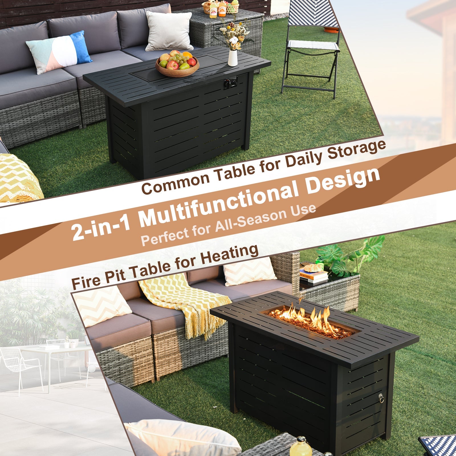 42 Inch 60,000 BTU Rectangular Propane Fire Pit Table with Waterproof Cover