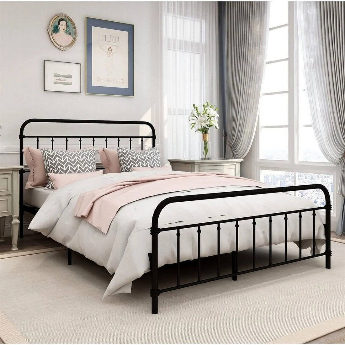 Classic Farmhouse Black Metal Bed Frame - Queen
