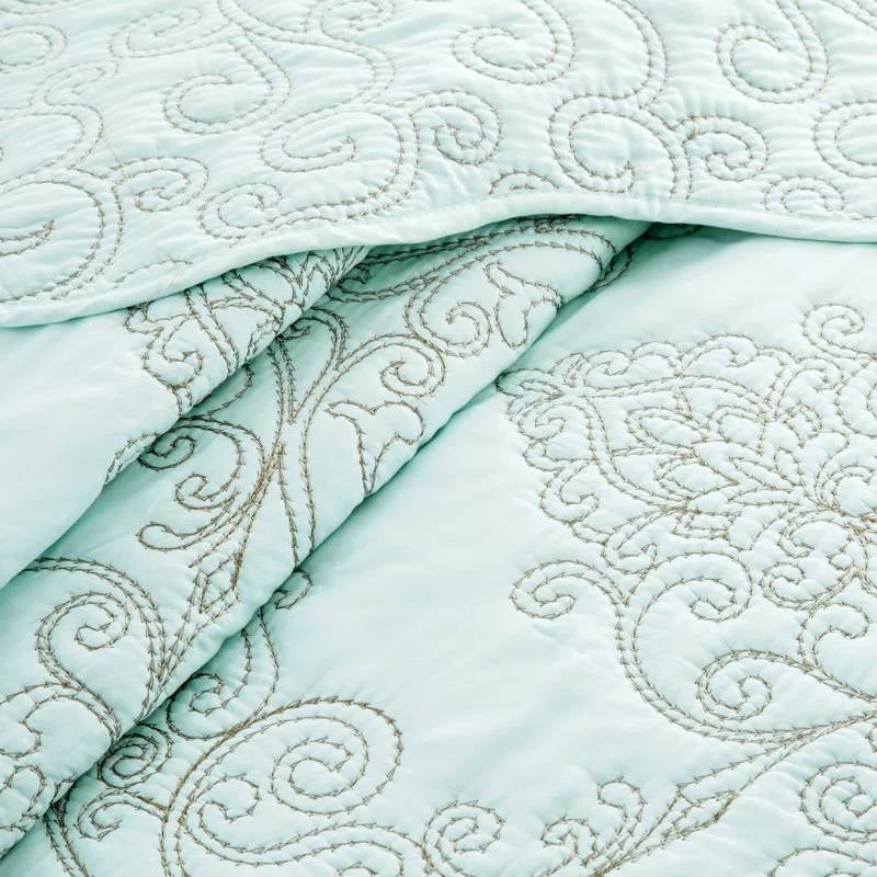 Light Blue Damask Embroidered 4 Piece Oversized Bedspread Set - Queen