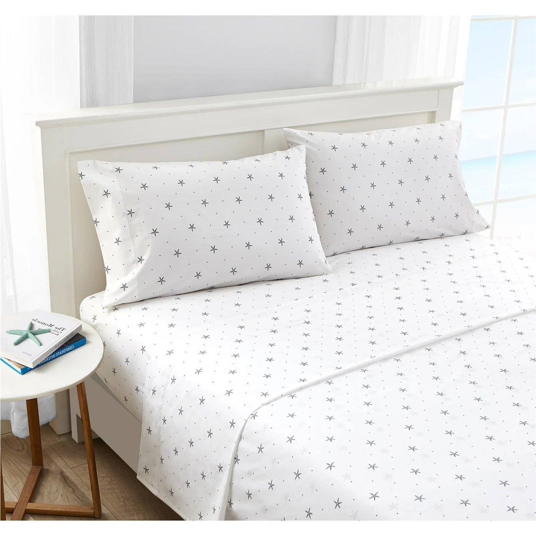 Queen Size Coastal Beach Starfish 100% Cotton Sheet Set - Navy/White/Red