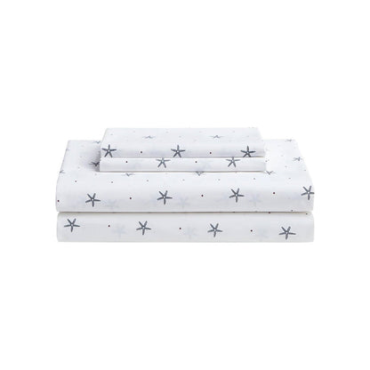 Queen Size Coastal Beach Starfish 100% Cotton Sheet Set - Navy/White/Red
