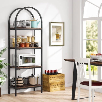 Modern Industrial Curved Bookcase with Wooden Shelves