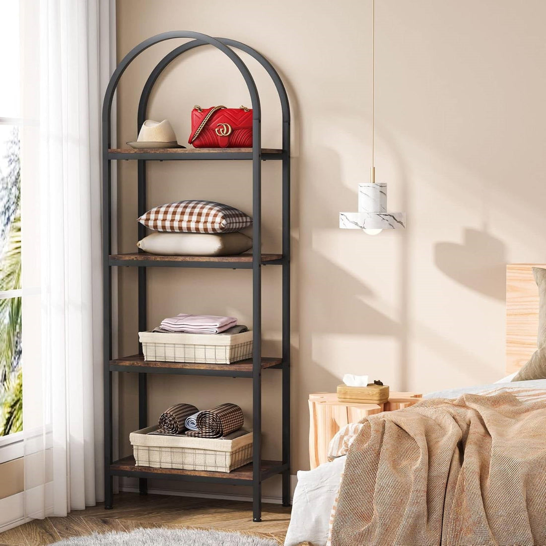 Modern Industrial Curved Bookcase with Wooden Shelves