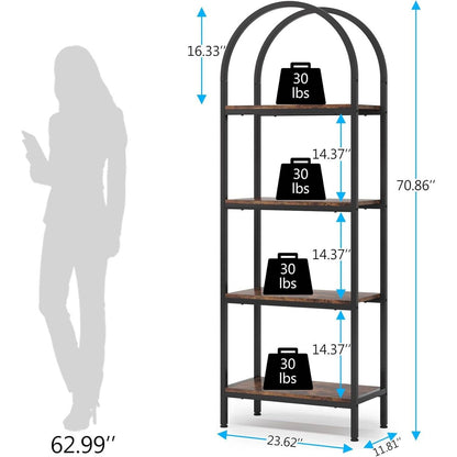 Modern Industrial Curved Bookcase with Wooden Shelves