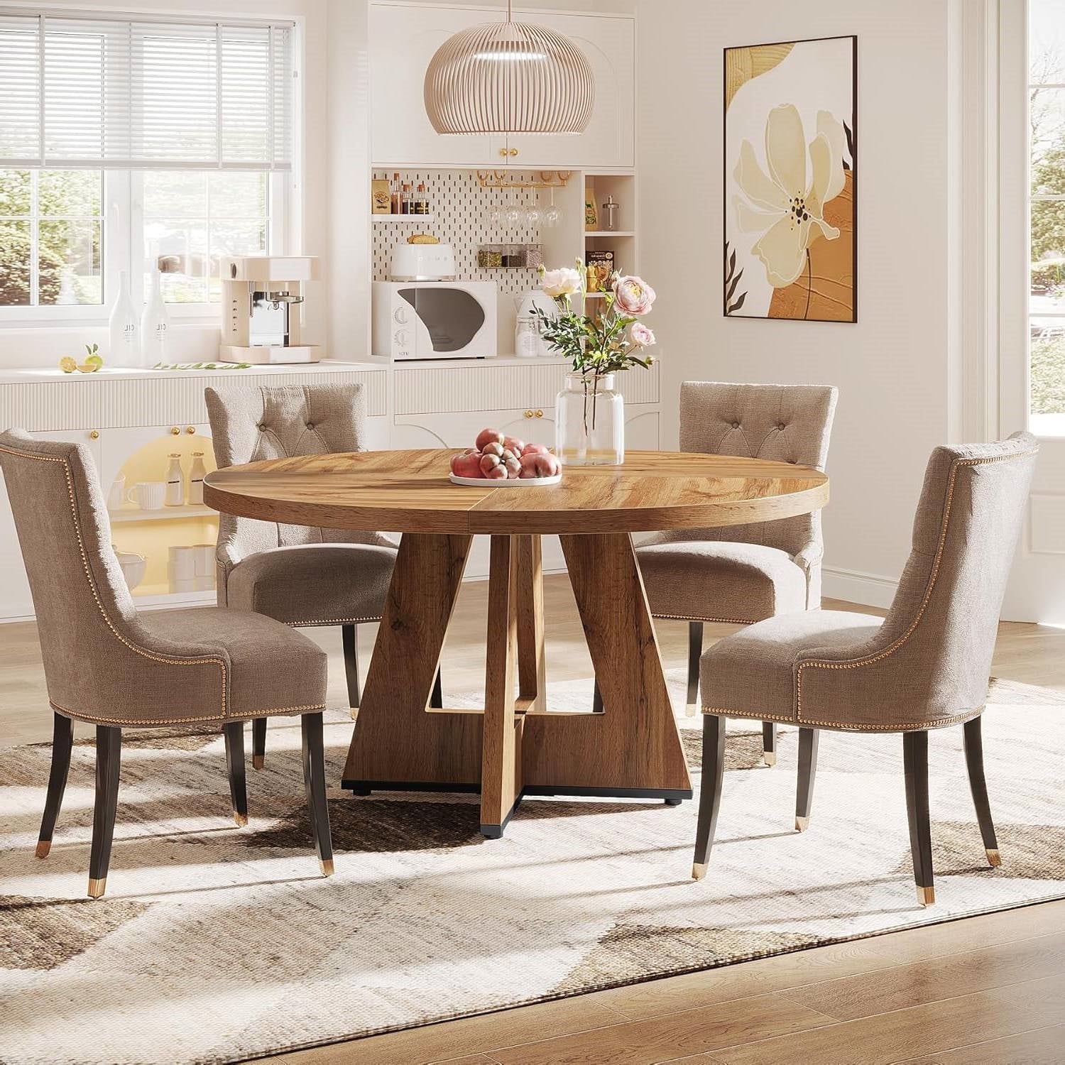 Modern Kitchen Round Dining Table for 4 in Medium Oak Wood Finish