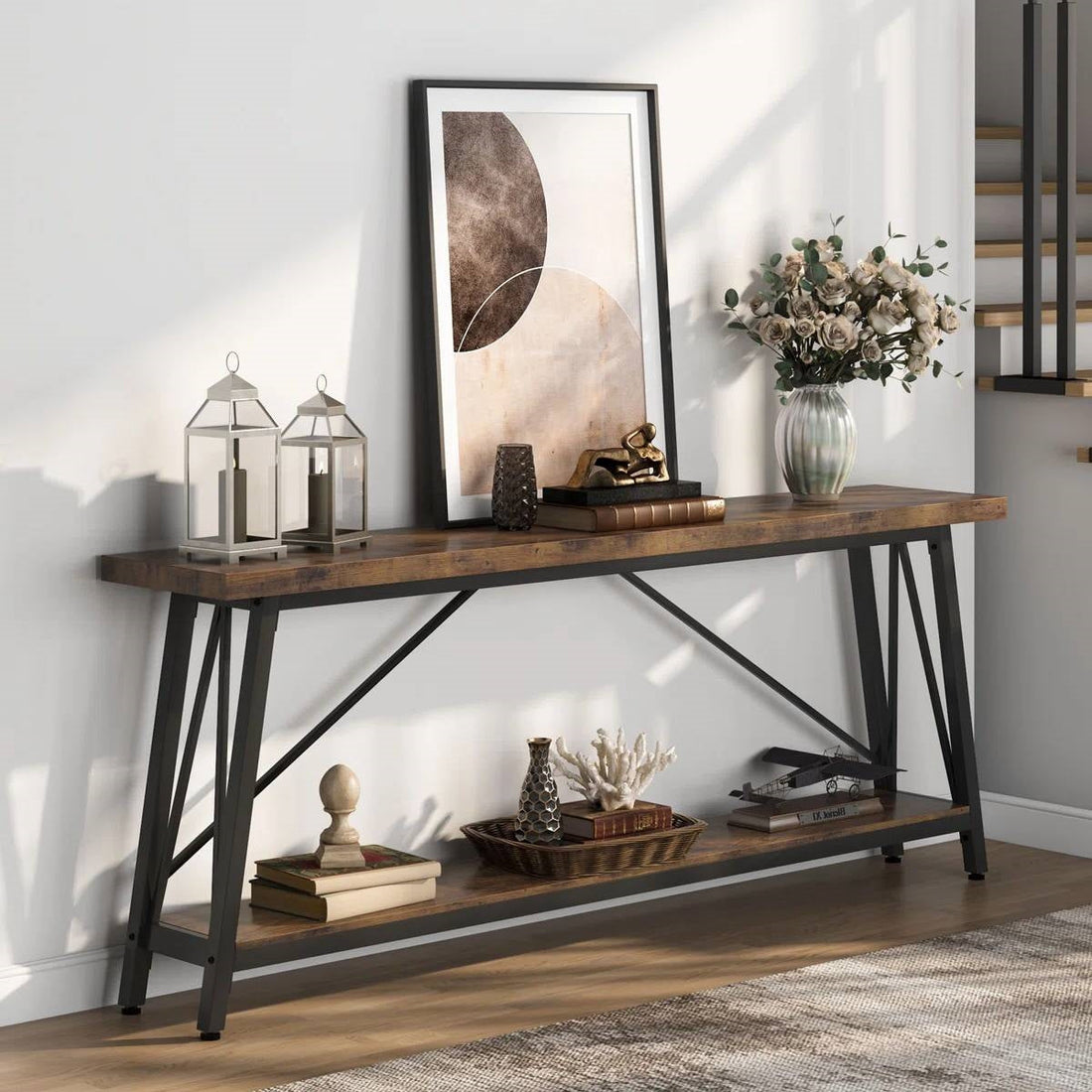 Sturdy 70-inch Industrial Barn Wood Console Table with Black Metal Frame