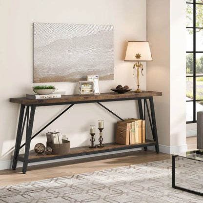 Sturdy 70-inch Industrial Barn Wood Console Table with Black Metal Frame