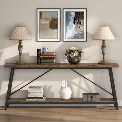 Sturdy 70-inch Industrial Barn Wood Console Table with Black Metal Frame