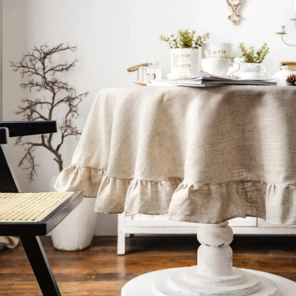 French Country Ruffled Linen Tablecloth - Round