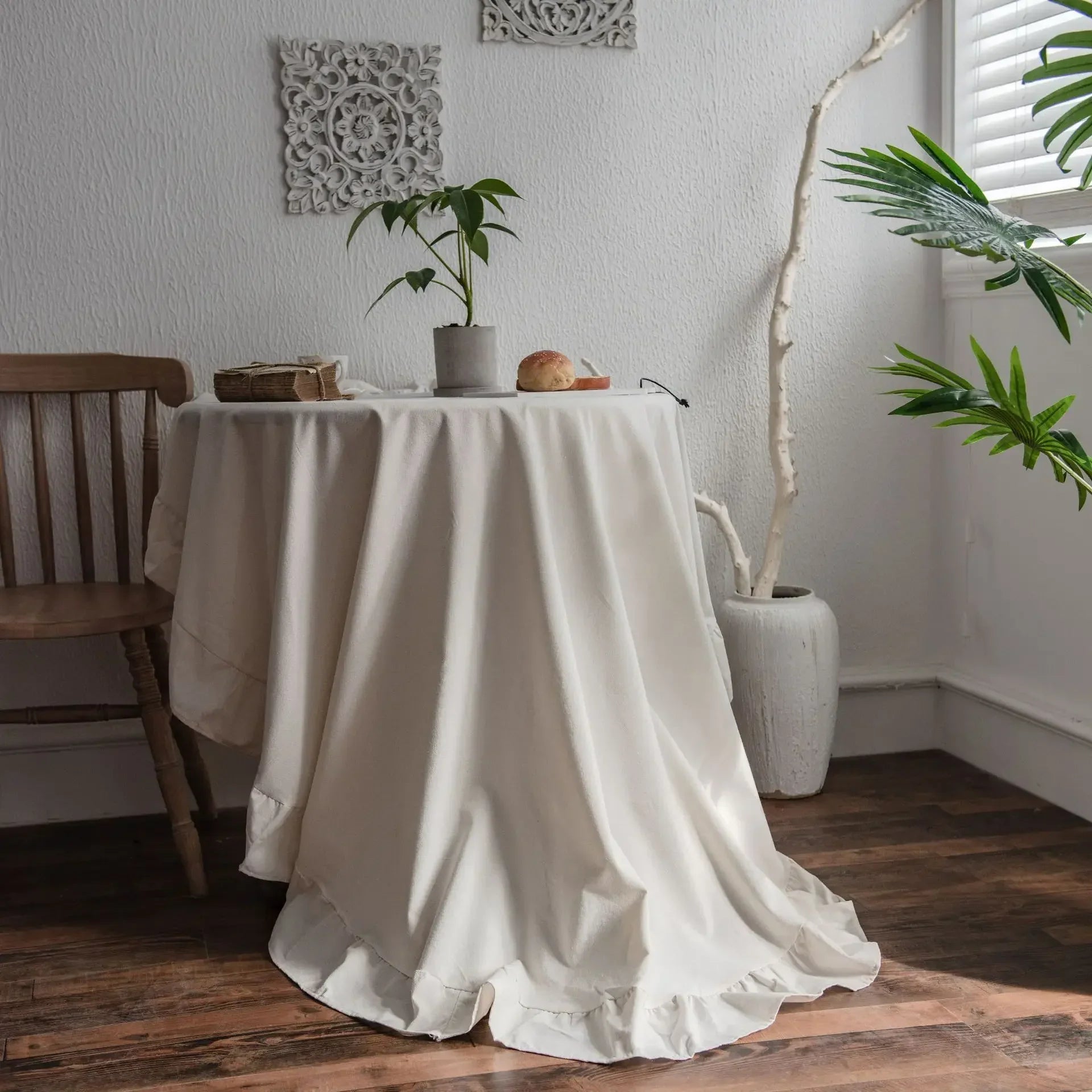 French Country Ruffled Linen Tablecloth - Round