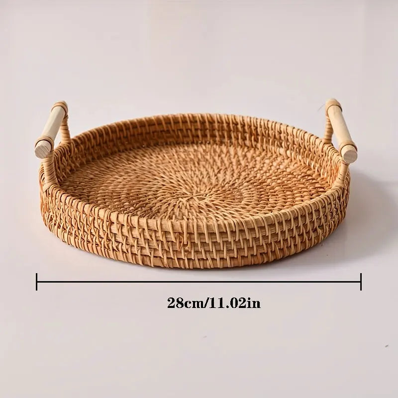 Handwoven Rattan Tray With Wooden Handles - 3 Sizes