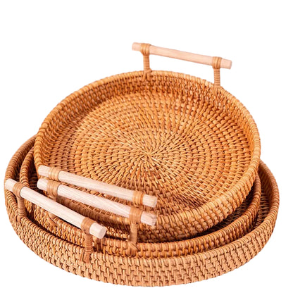 Handwoven Rattan Tray With Wooden Handles - 3 Sizes