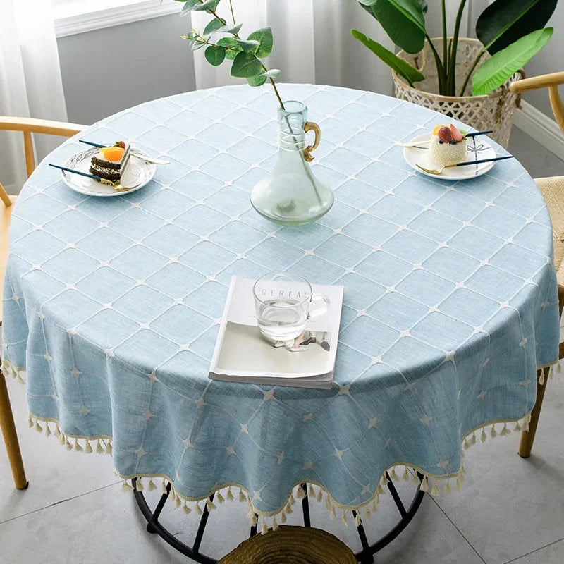 Embroidered Lattice Cotton/Linen Table Cloths - Natural, Sky Blue, Light Gray