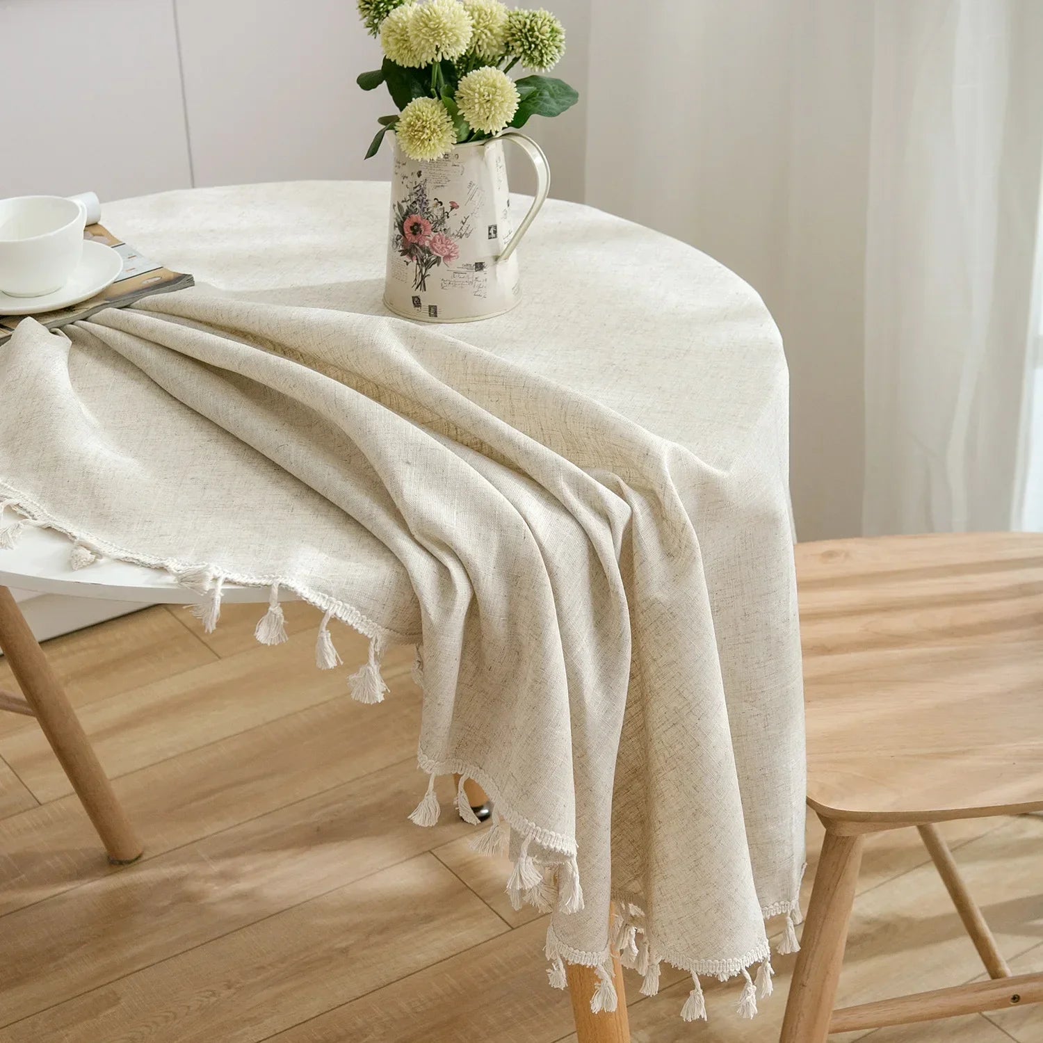 Tasselled Linen Tablecloth with Grid Design - Round, 4 Colors