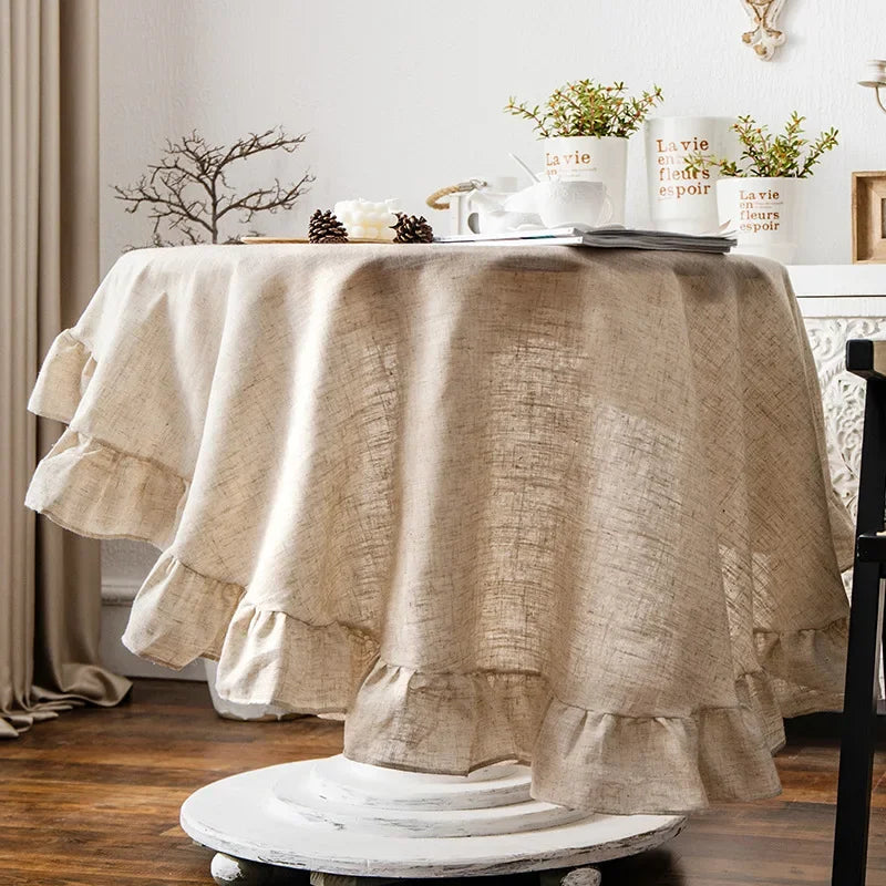 French Country Ruffled Linen Tablecloth - Round