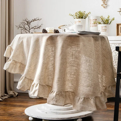 French Country Ruffled Linen Tablecloth - Round