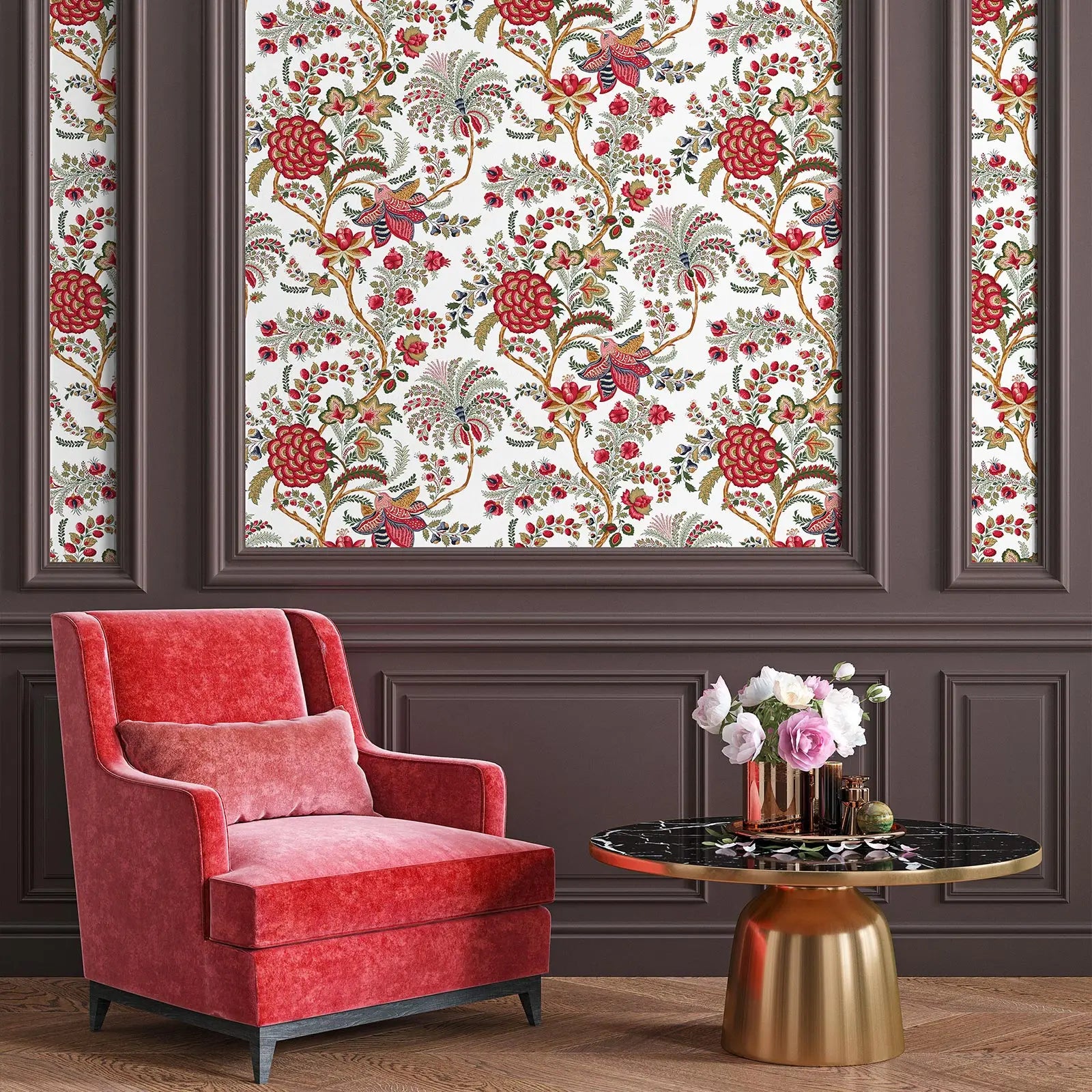 Vintage Floral Peel &amp; Stick Wallpaper in Red