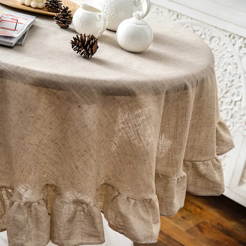 French Country Ruffled Linen Tablecloth - Round