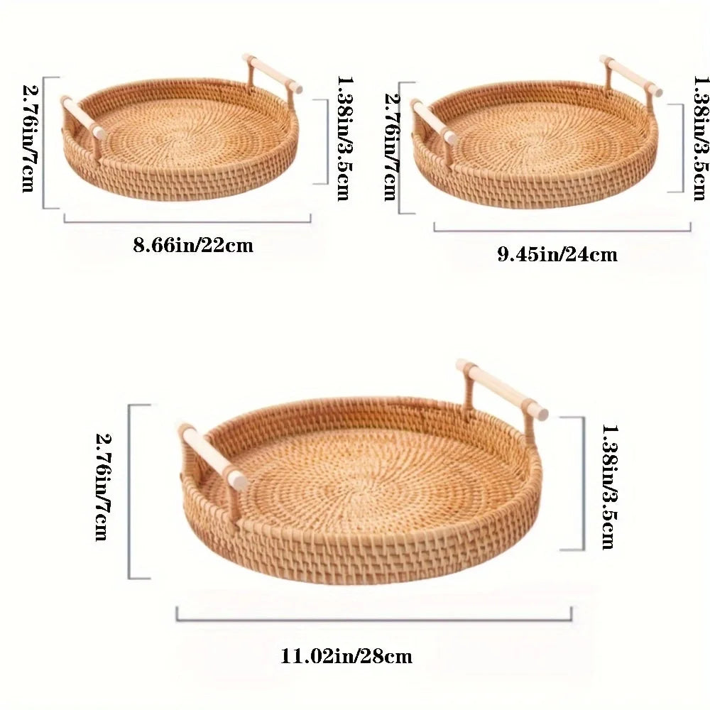 Handwoven Rattan Tray With Wooden Handles - 3 Sizes