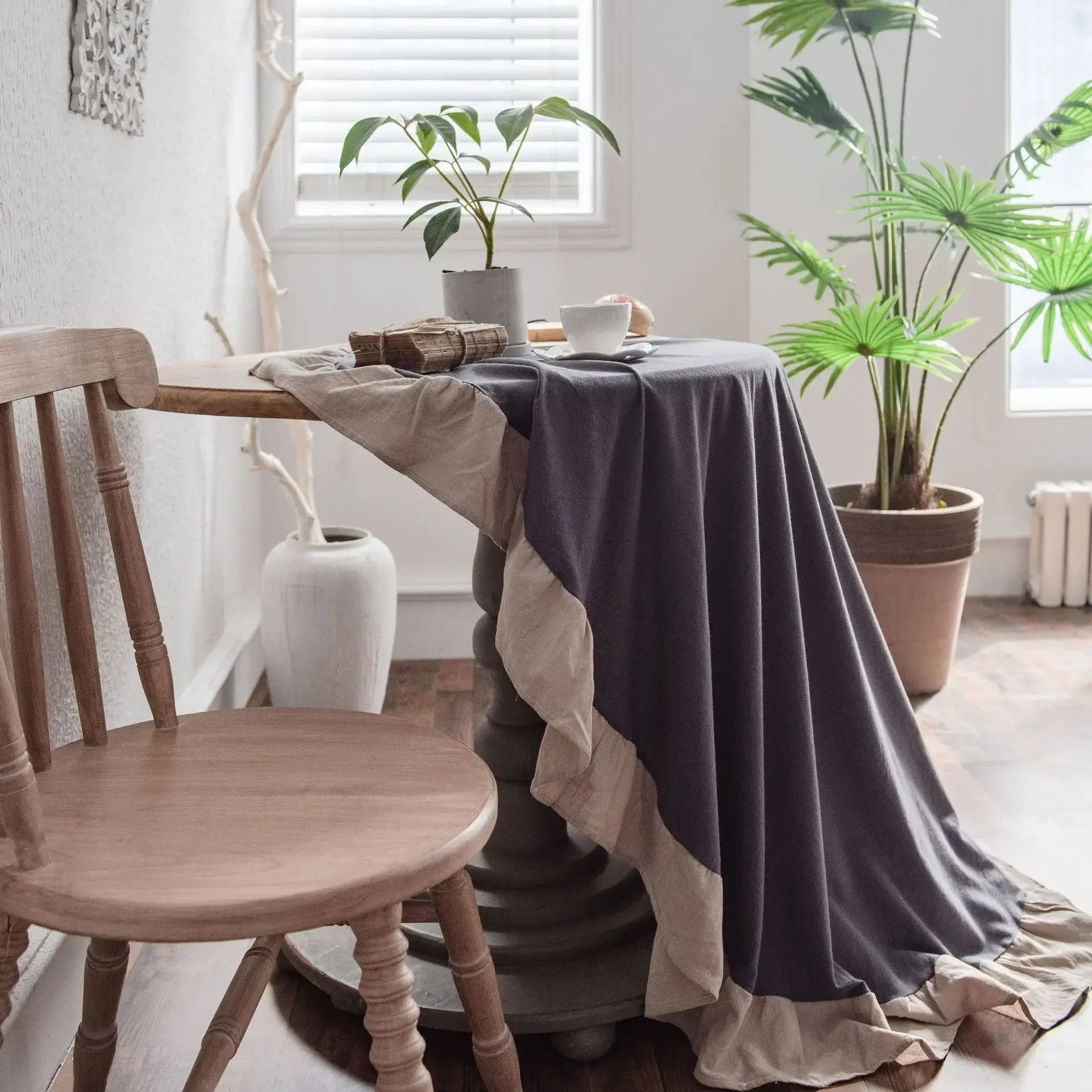 French Country Ruffled Linen Tablecloth - Round