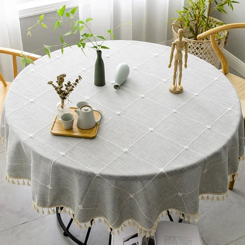 Tasselled Linen Tablecloth with Grid Design - Round, 4 Colors