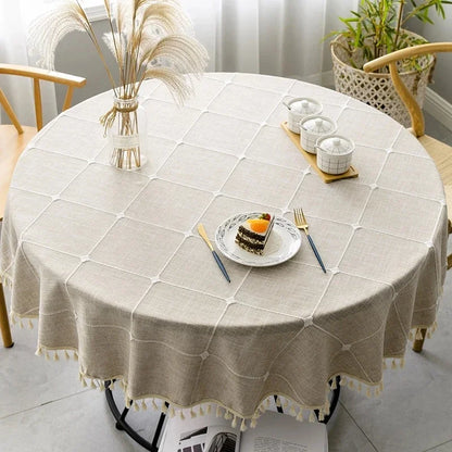 Tasselled Linen Tablecloth with Grid Design - Round, 4 Colors