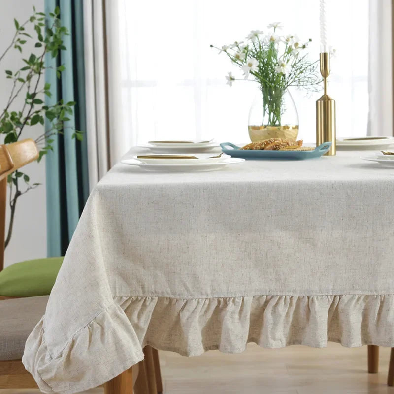 Cotton Linen Tablecloth with Ruffled, Straight, Or Tasseled Edge - Cream