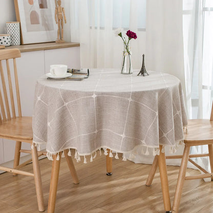 Embroidered Lattice Cotton/Linen Table Cloths - Natural, Sky Blue, Light Gray