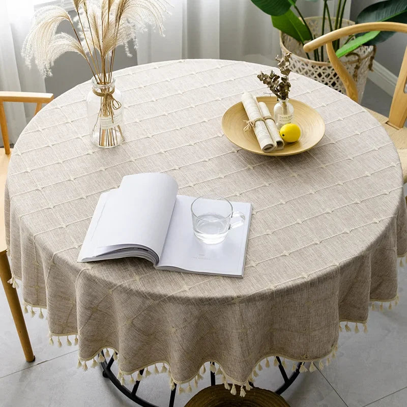 Embroidered Lattice Cotton/Linen Table Cloths - Natural, Sky Blue, Light Gray