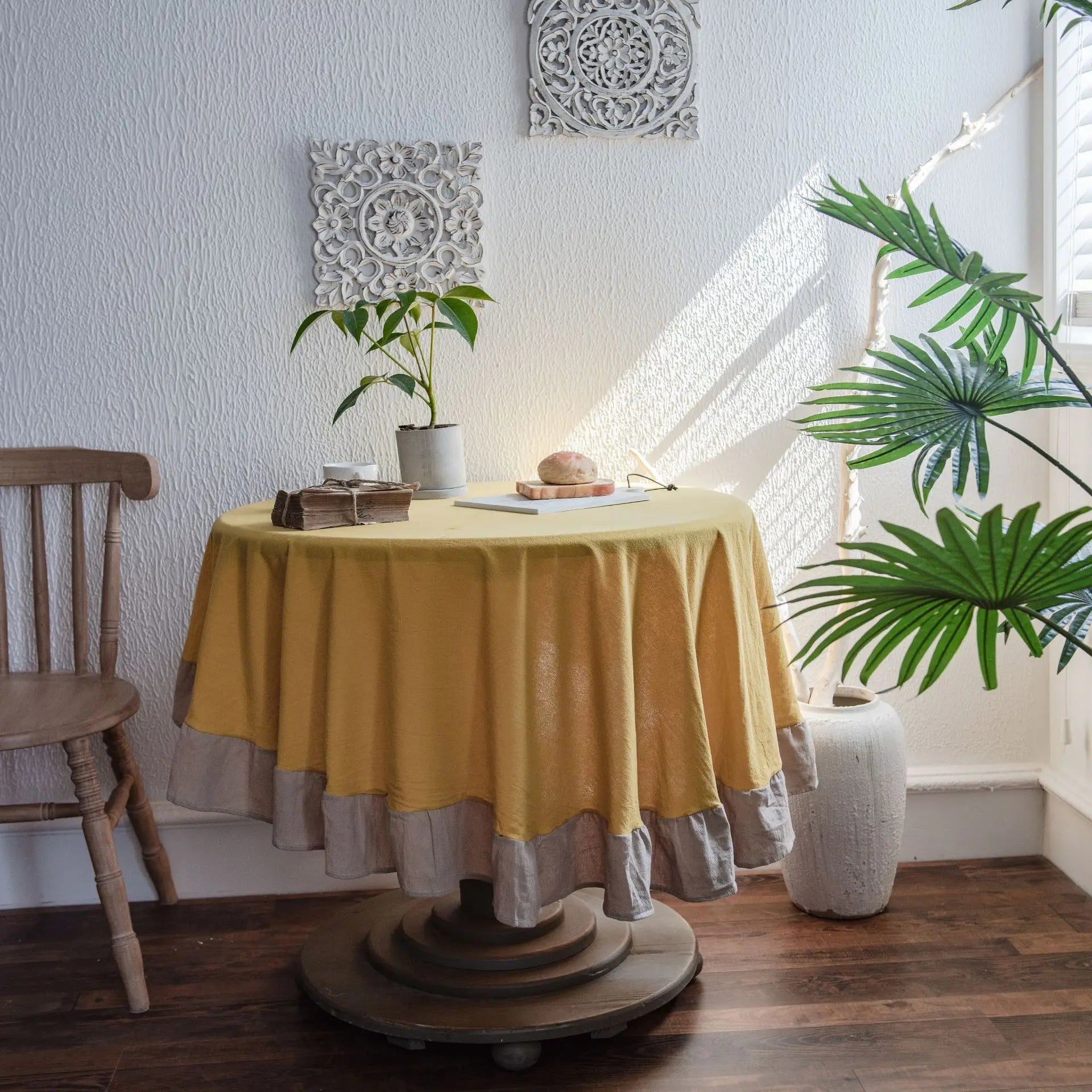 French Country Ruffled Linen Tablecloth - Round