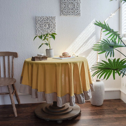 French Country Ruffled Linen Tablecloth - Round