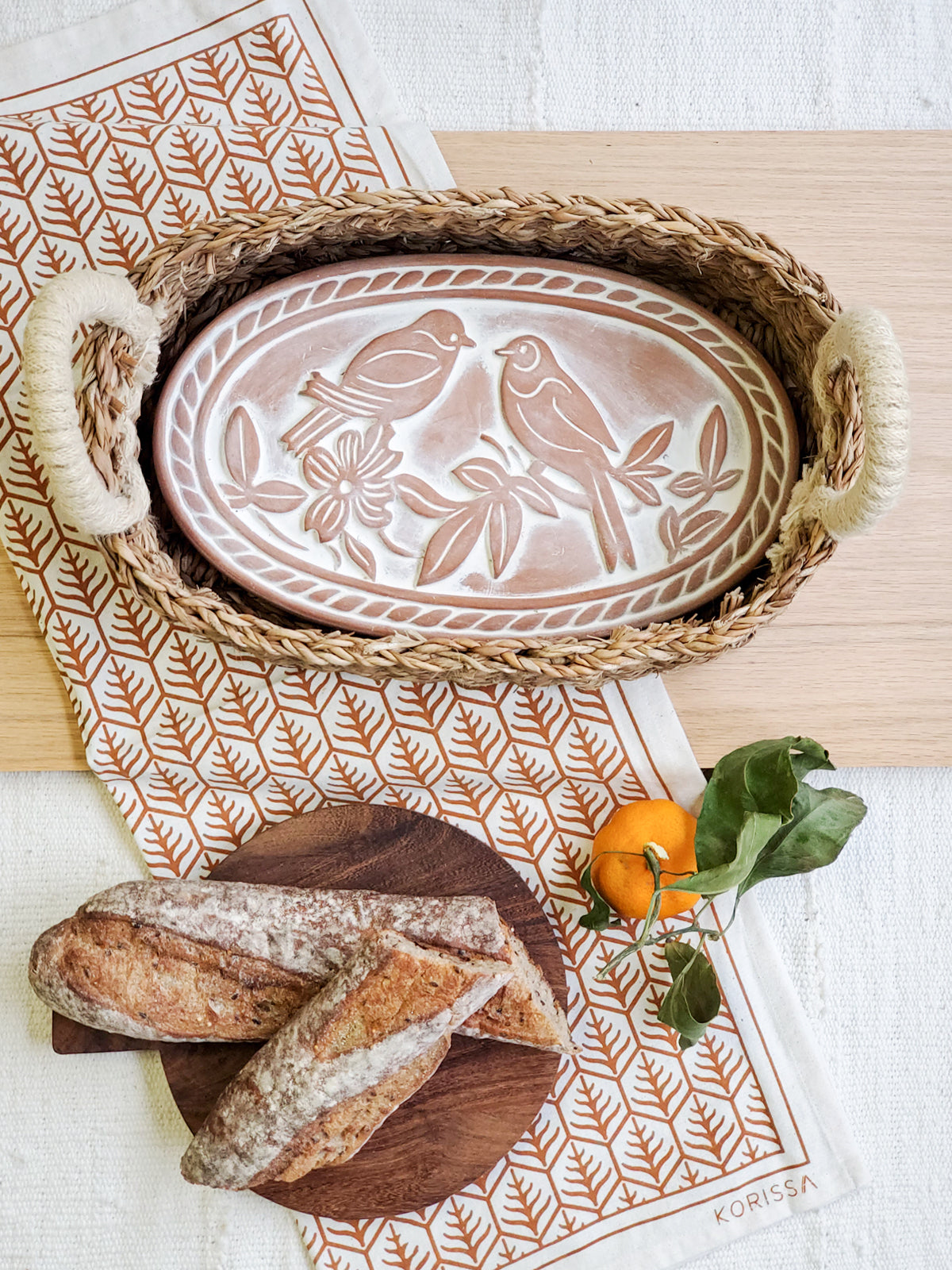 Bread Warmer &amp; Basket Gift Set with Tea Towel - Lovebird Oval