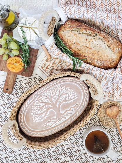 Bread Warmer &amp; Basket Gift Set with Tea Towel - Tree of Life Oval