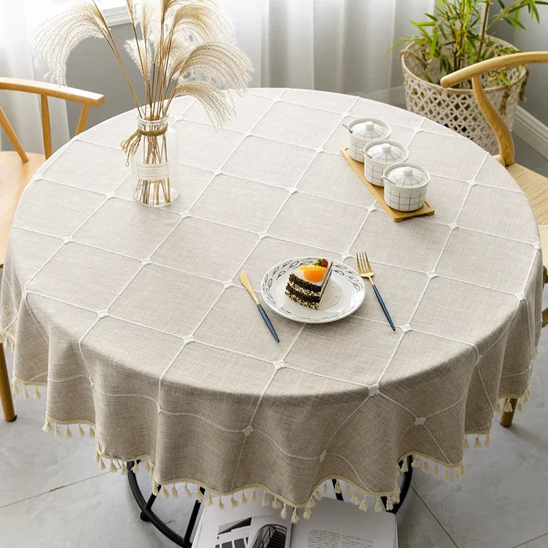Tasselled Linen Tablecloth with Grid Design - Round, 4 Colors