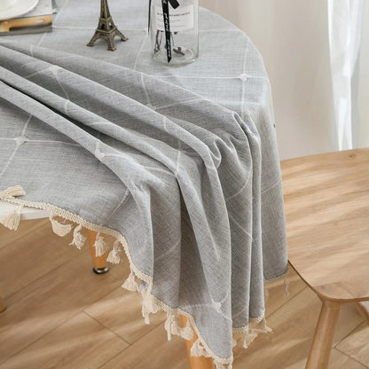 Embroidered Lattice Cotton/Linen Table Cloths - Natural, Sky Blue, Light Gray