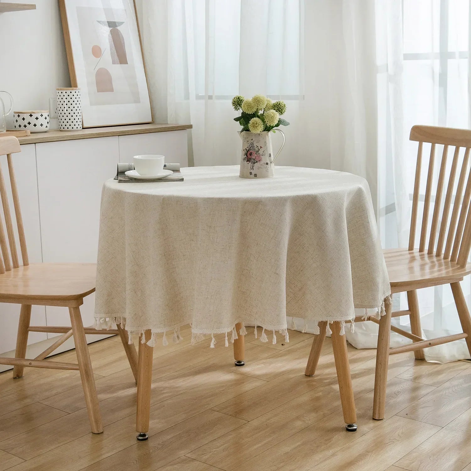 Tasselled Linen Tablecloth with Grid Design - Round, 4 Colors