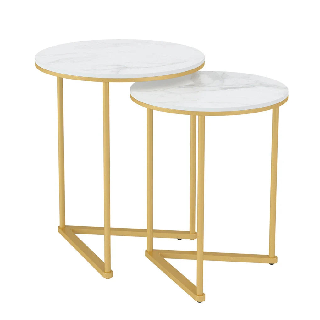Set of 2 Round Nesting Tables -  Gold &amp; Marble