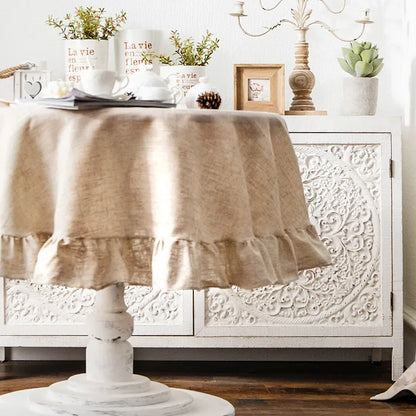 French Country Ruffled Linen Tablecloth - Round