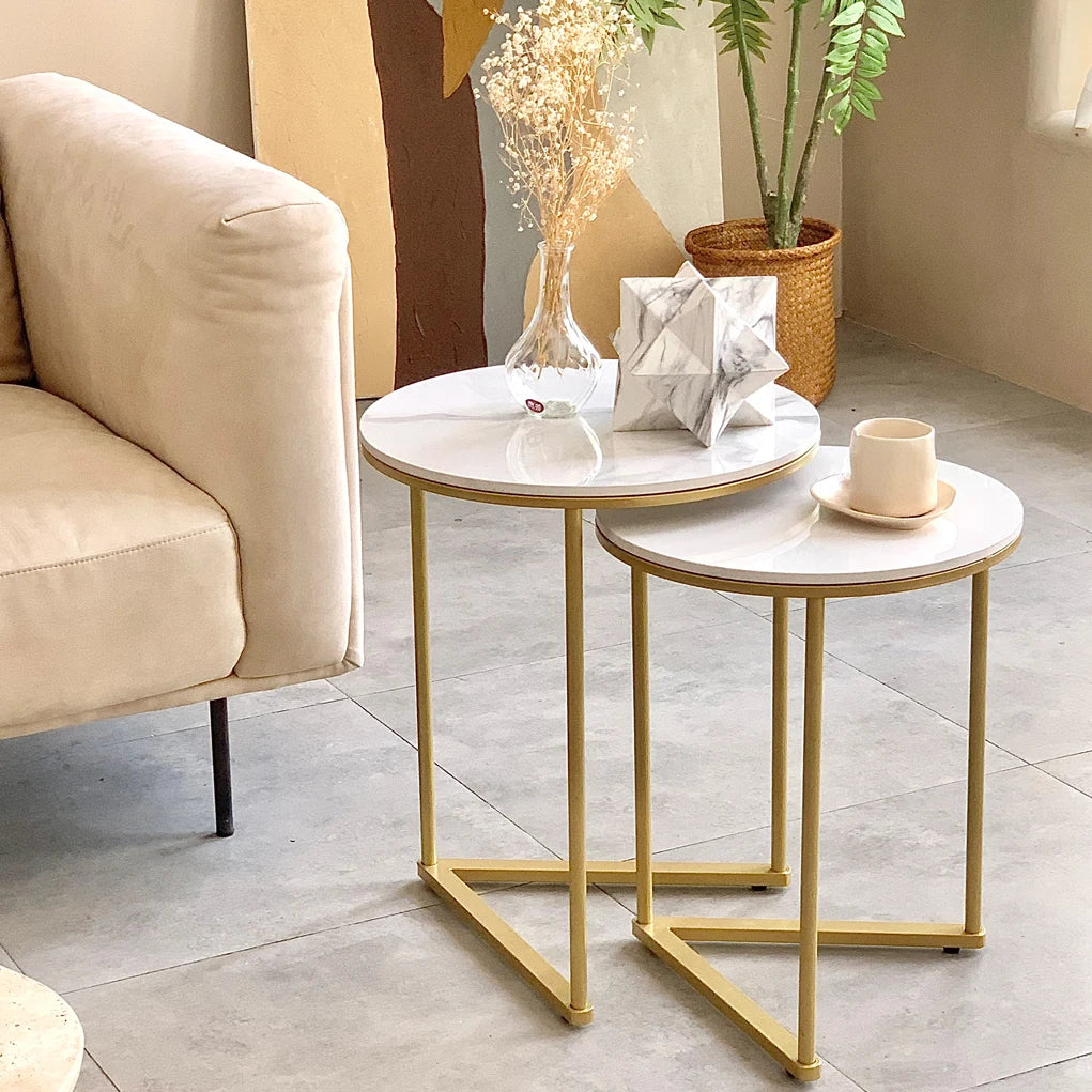 Set of 2 Round Nesting Tables -  Gold &amp; Marble
