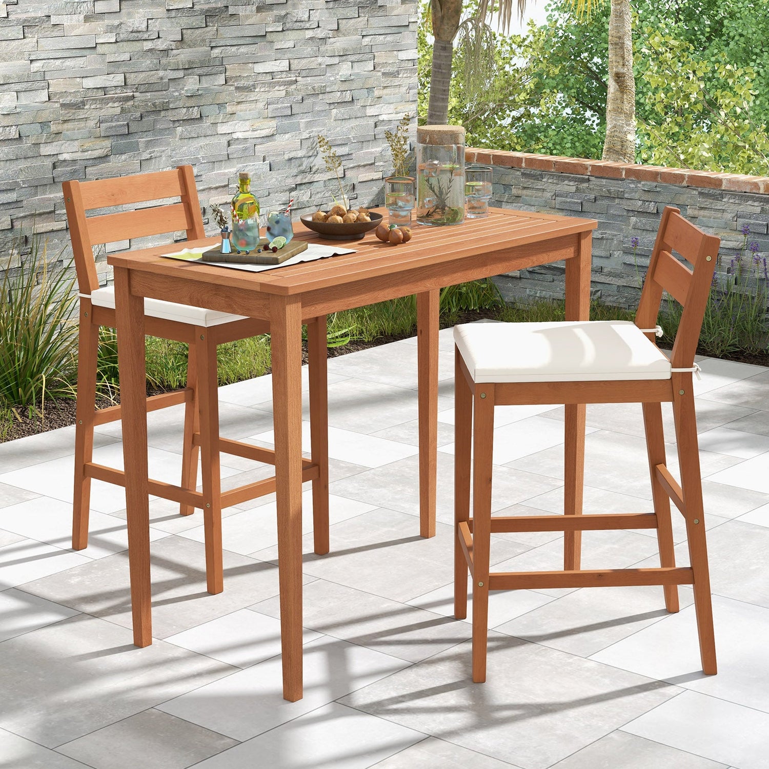 Set of 2 Outdoor Wooden Barstools with Soft Seat Cushion - Off White